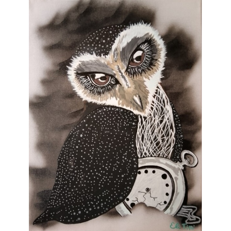 Owl With A Broken Clock Painting by Eli Tin Art | ArtMajeur