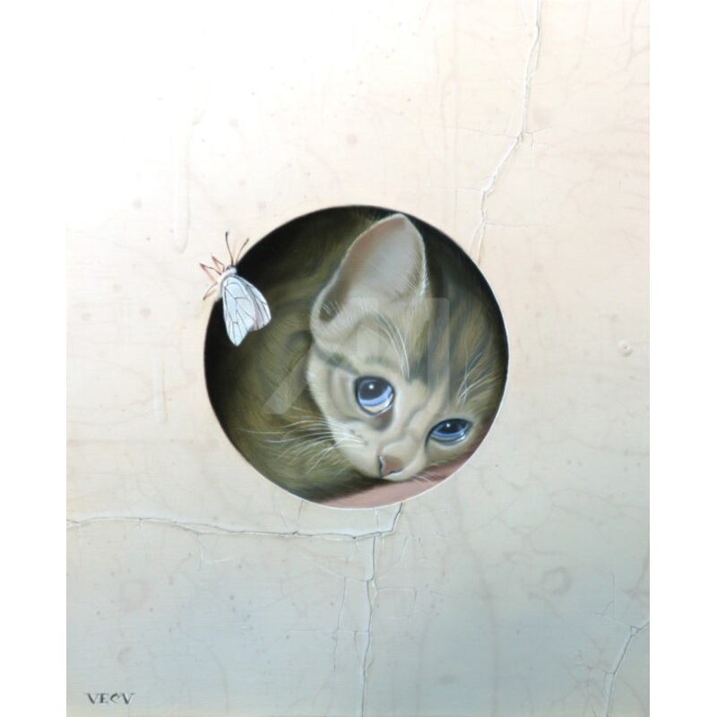Le Chat Et Le Papillon  Painting by Galerie De  Parrhasios | ArtMajeur