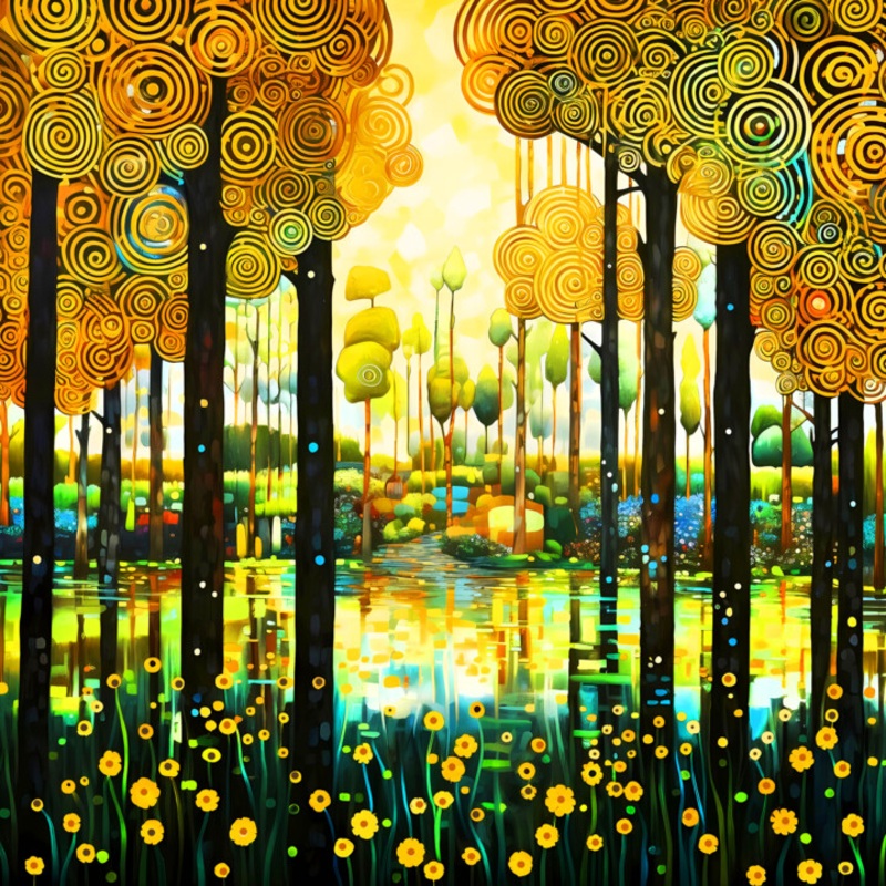 Warm Green Gold Forest And Calm River Digital Arts by Bast | ArtMajeur