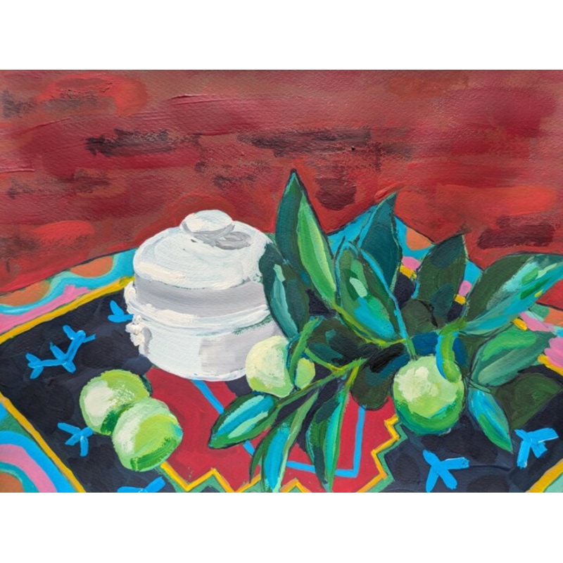 Nature Morte Pommes Vertes Et Pot Sur Ti Painting by Thomas Balivet | ArtMajeur