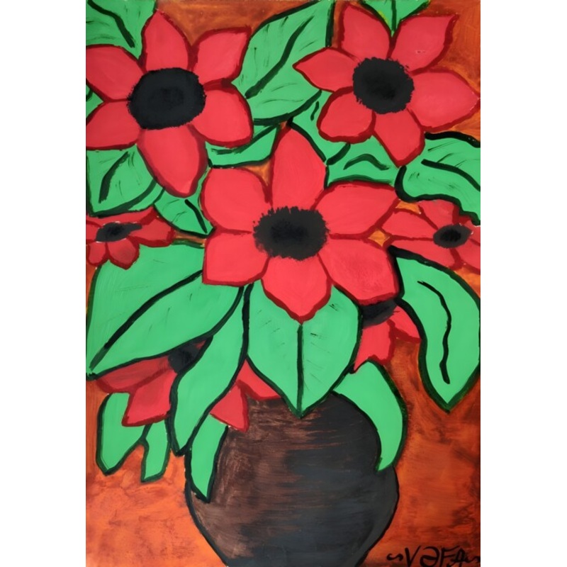 Naive Red Flowers In Brown Vase – Print Printmaking by Vafa Majidli | ArtMajeur
