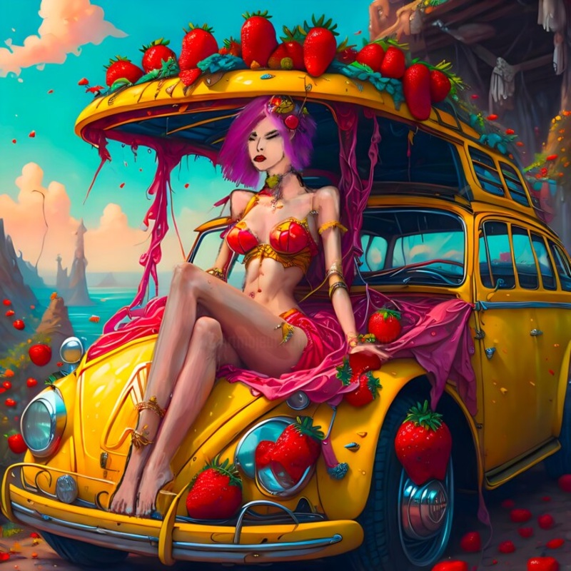 Rve D’t : Femme Voiture Jaune Et Fra Digital Arts by Doron B | ArtMajeur