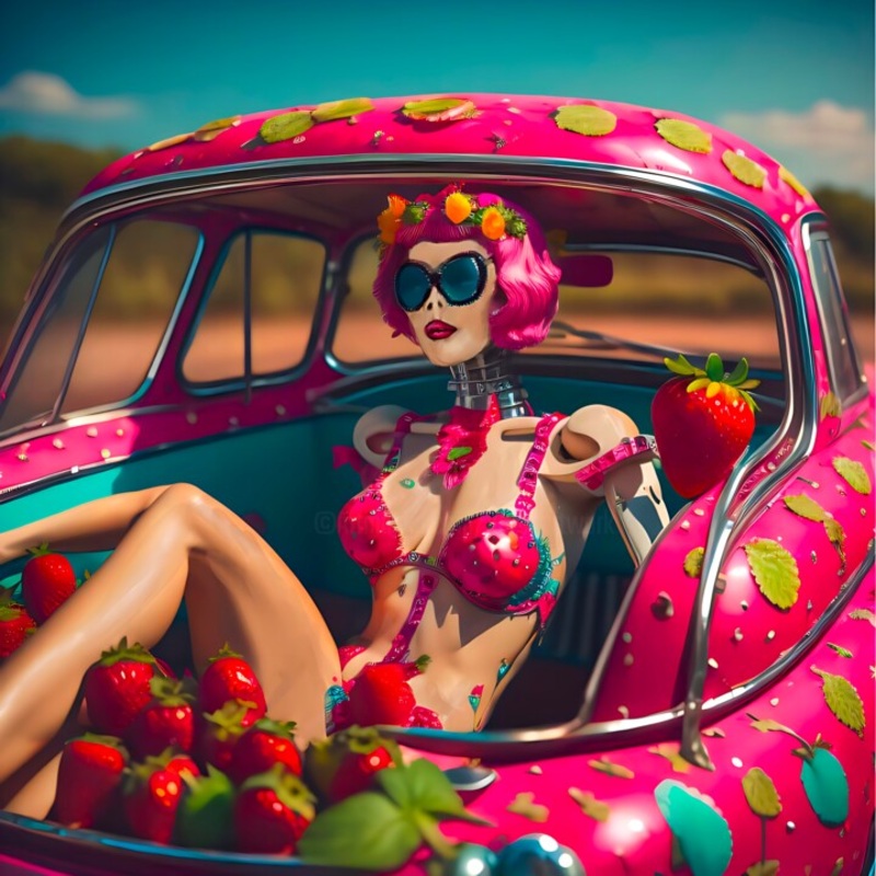 Femme Fraise Dans Une Voiture Rtro Rose Digital Arts by Doron B | ArtMajeur