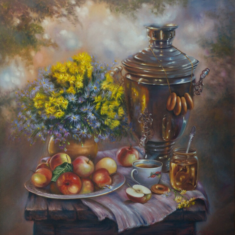 Still Life With A Samovar And Apples Painting by Rita Cemkalo | ArtMajeur