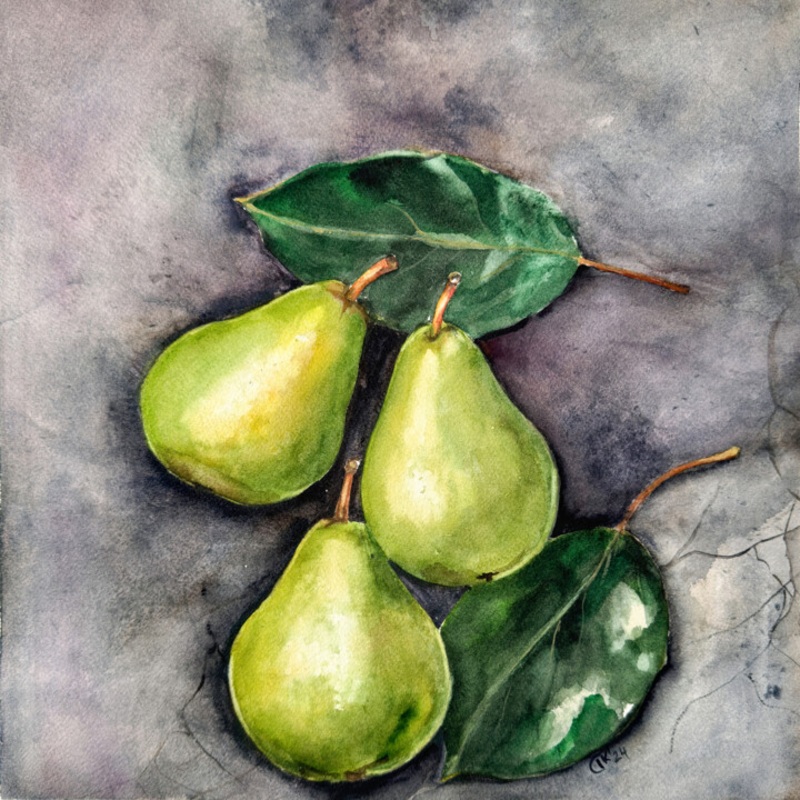 Whispers Through The Wall: Green Pears 2 Painting by Irina Kurganskaya | ArtMajeur