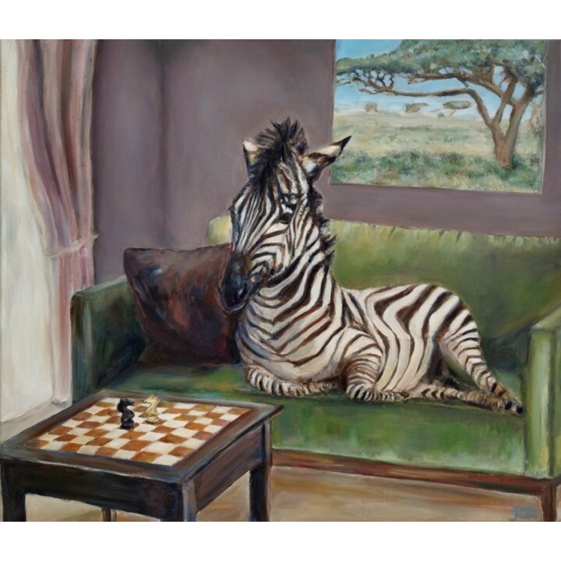 Zebra At The Chess Table Painting by Jura Kuba | ArtMajeur