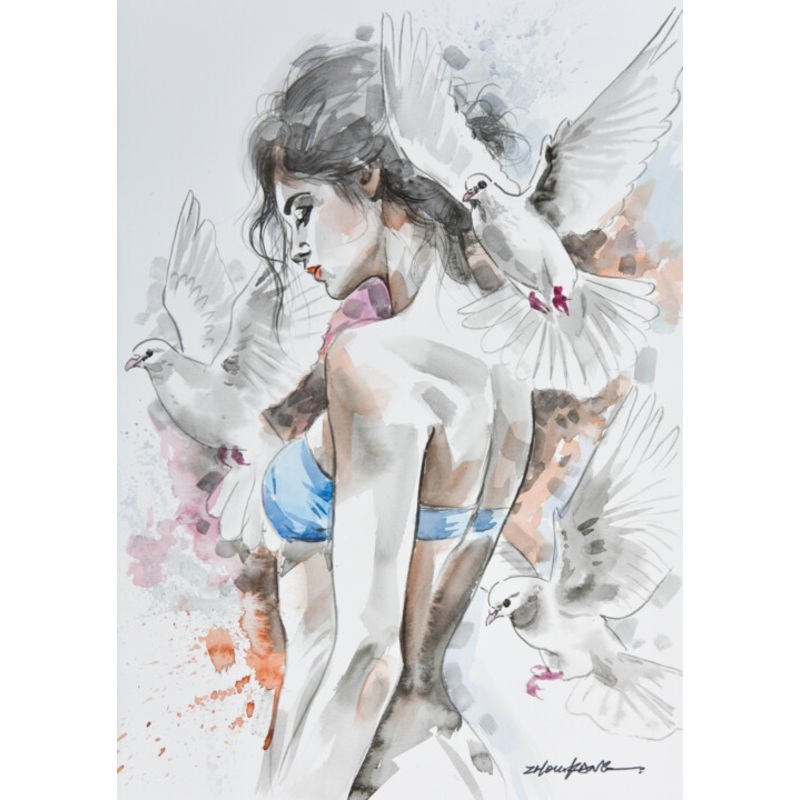 Woman With Pigeons Painting by Kang Zhou | ArtMajeur