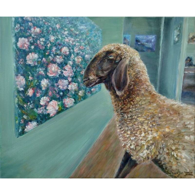 A Sheep Viewing The Clower Meadow – Anim Painting by Jura Kuba | ArtMajeur