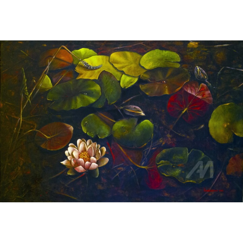 Water Lilies In Marsh Leaves Painting by Inga Loginova | ArtMajeur