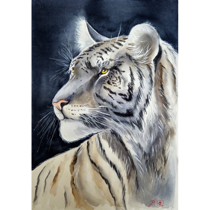 White Tiger Portrait Watercolor Paintin Painting by Nadia Krashevska | ArtMajeur