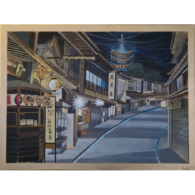 Street In Japan By Night  Painting by Mickael Hert | ArtMajeur
