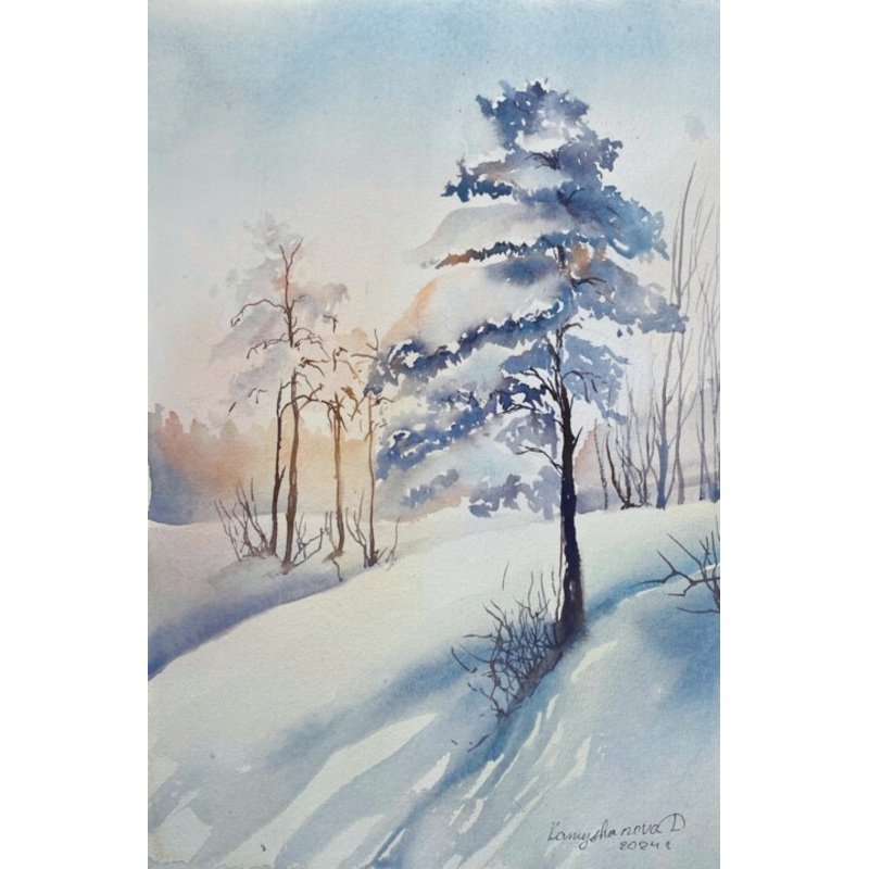 Winter Landscape With Pine Tree Painting by Daria Kamishanova | ArtMajeur