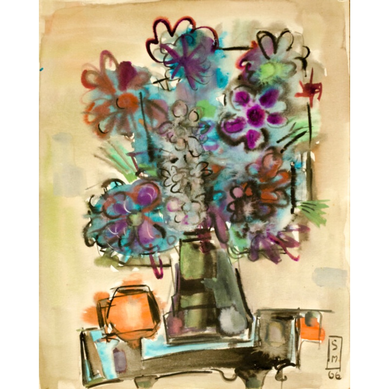 Vase With Purple Flowers Painting by Mandy Sand | ArtMajeur