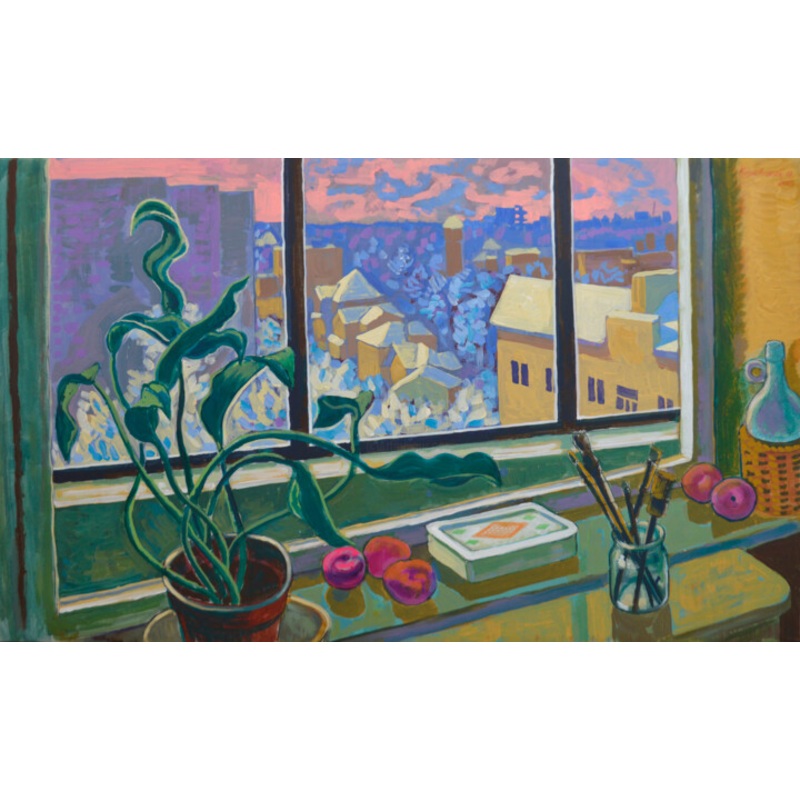 Winter. Flower Pot On The Windowsill Painting by Mykola Kozlovskyi | ArtMajeur