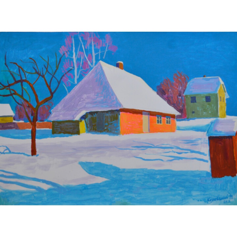 Winter Landscape With An Orange House.no Painting by Mykola Kozlovskyi | ArtMajeur