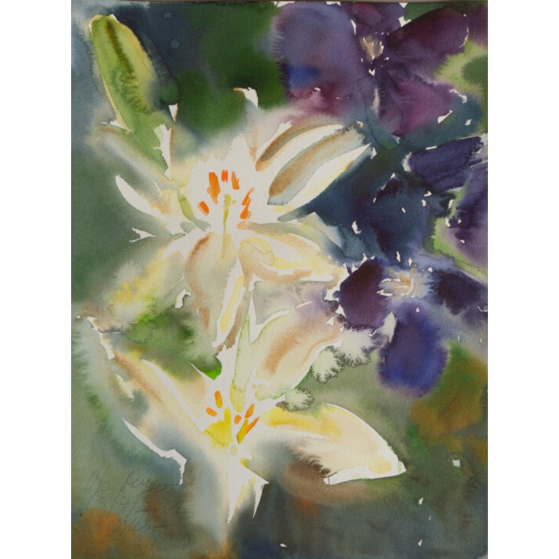 Weie Lilie Mit Blauer Klematis Painting by Ute Meyer | ArtMajeur