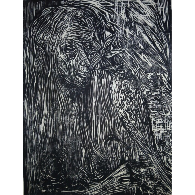 Woman With Large Bird Printmaking by Joseph Urie | ArtMajeur