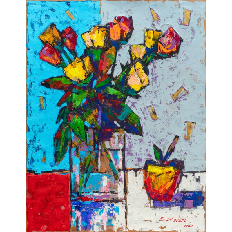 Yellow And Scarlet Roses. Painting by Ashot Sardaryan | ArtMajeur
