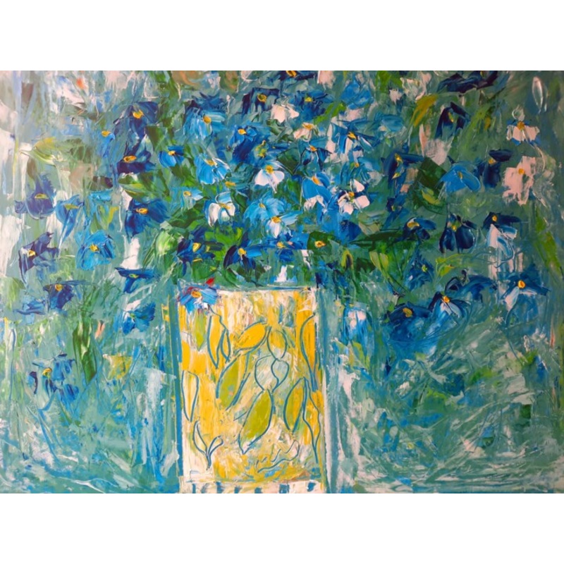 Fleurs Bleues pinent Bois La Nuit Painting by Sandra Land | ArtMajeur
